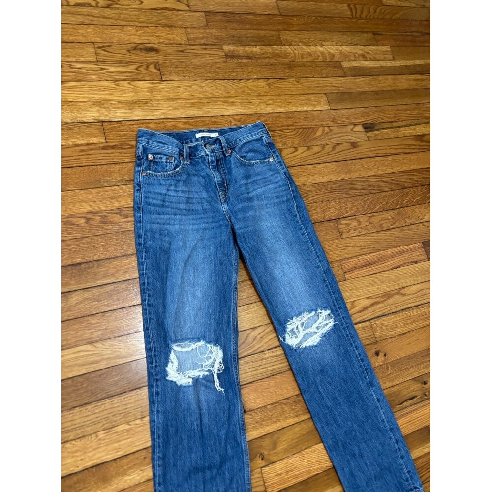 Levi's Womens Low Pro Straight Jeans Size 25 Blue Distressed Dark Wash Denim - Picture 2 of 7